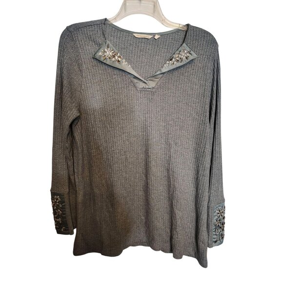 Soft Surroundings Large Valette Gray Waffle Knit Top Rhinestone Embellished - Picture 1 of 6